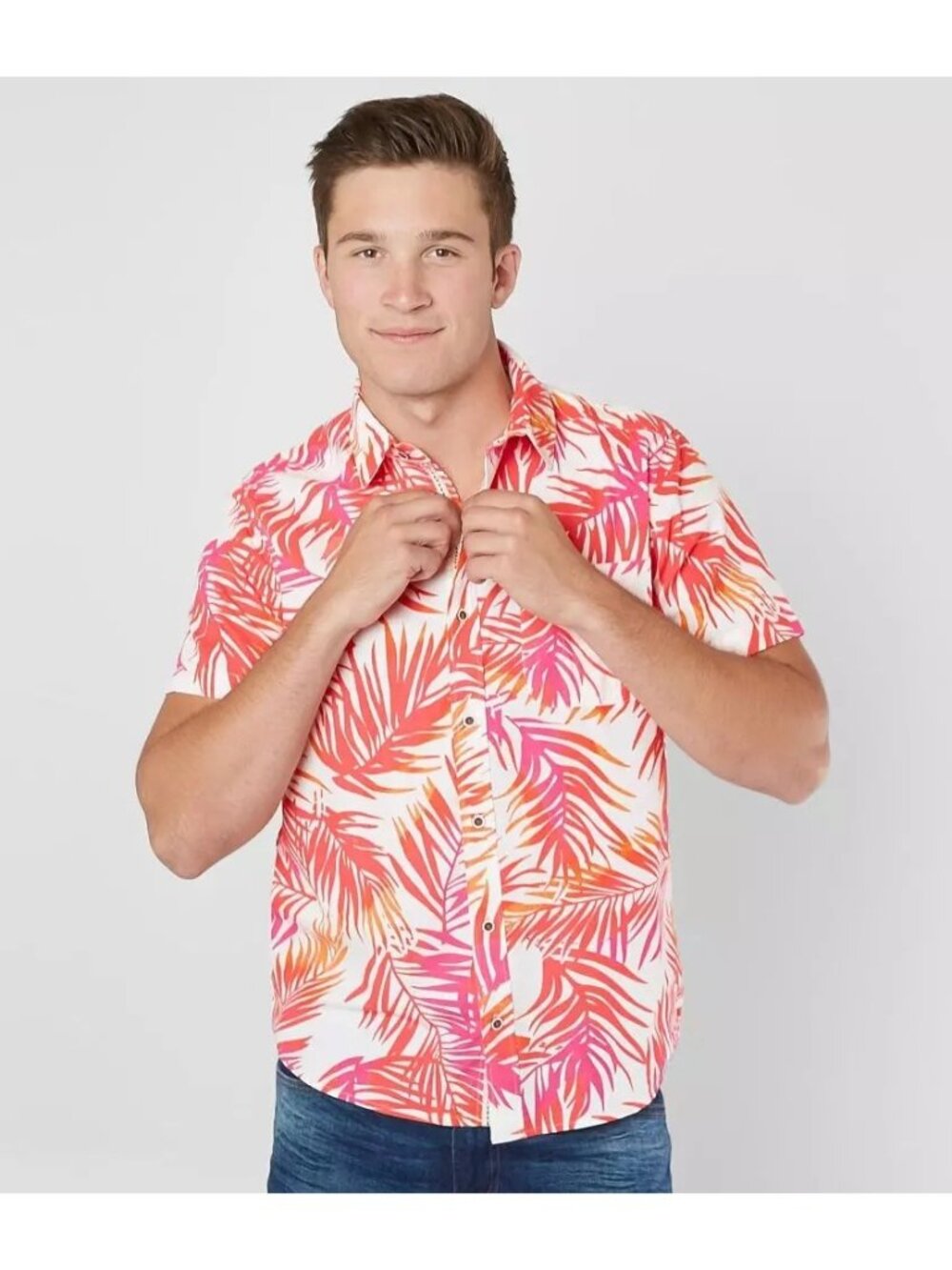 VSTR Pink Orange Tropical Palm Leaf Print Linen Resort Nomad Button Up Shirt M